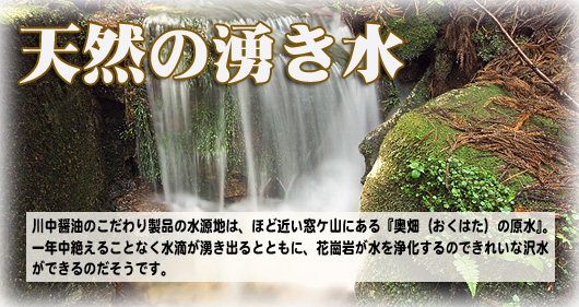 川中醤油のこだわり製品の水源地は、ほど近い窓ケ山にある『奥畑(おくはた)の原水』